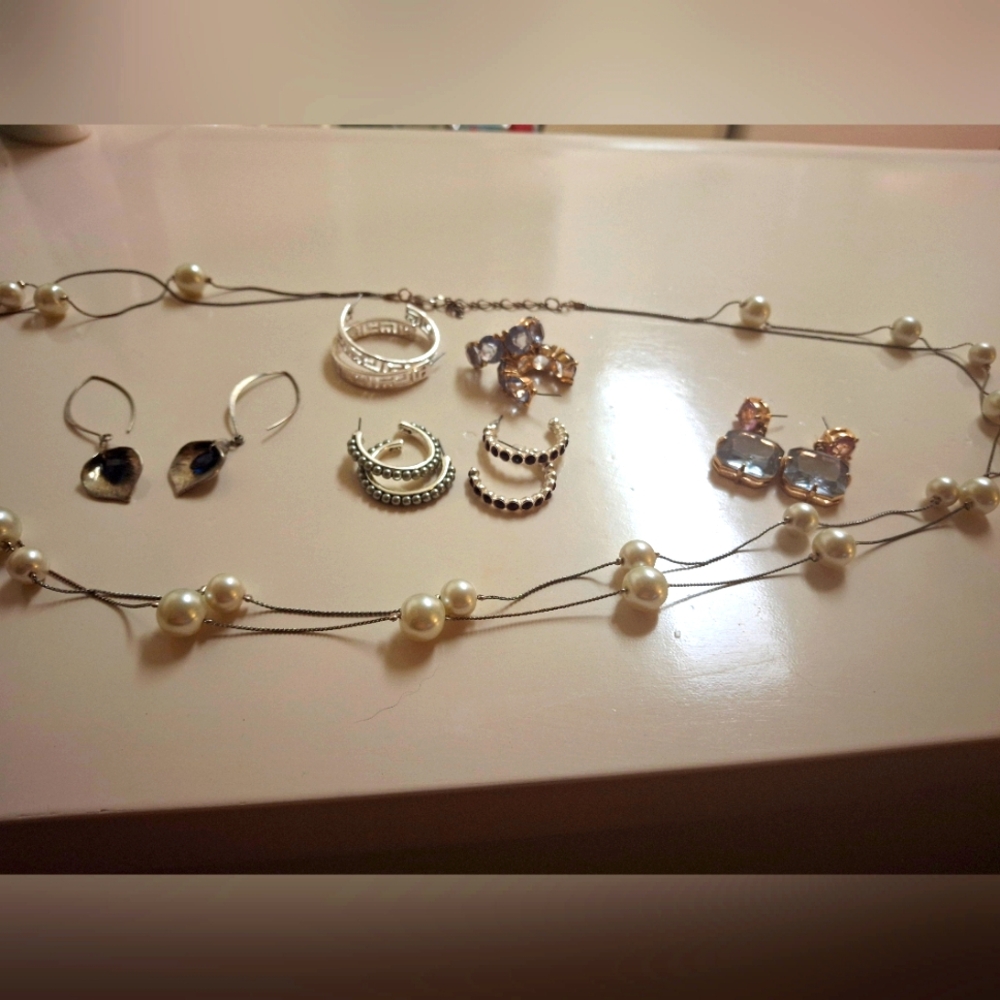 7x Bundle Jewelry Avon Earrings Hoops Pearl Necklace Gold Silver Blue Pink